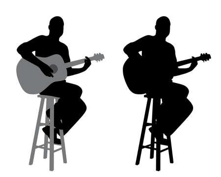 Illustration of a guitar player sitting on a bar stool playing acoustic guitarのイラスト素材