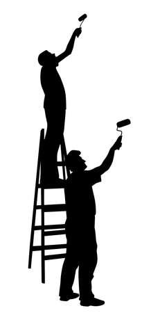 Two men painters painting wall with paint rollersのイラスト素材