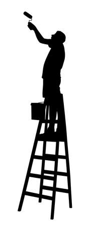 Illustration silhouette of a painter on ladder painting wall or ceiling with paint roller. Isolated white background. EPS file available.のイラスト素材