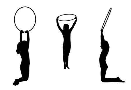 Illustration silhouettes of three gymnastic girls team performs with hoops. Isolated white background. EPS file available.のイラスト素材