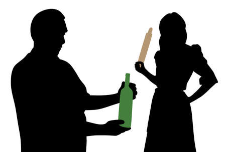 Illustration of husband looking at bottle of alcohol and angry wife holding rolling pin. Family problem alcoholism. Isolated white background. EPS file available.のイラスト素材