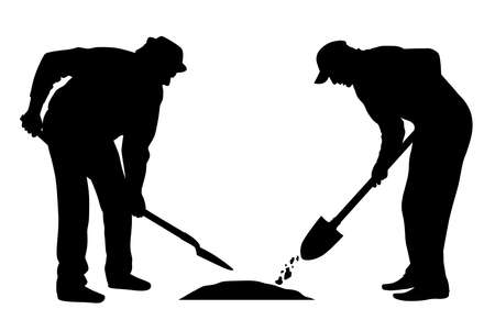 Illustration silhouette of workers with shovel. Isolated white background. EPS file available.のイラスト素材