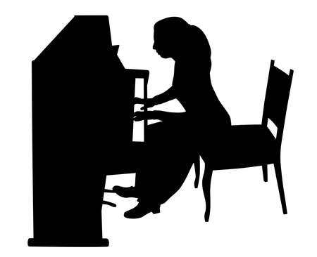 Illustration silhouette of a woman playing upright piano. Isolated white background. EPS file available.のイラスト素材