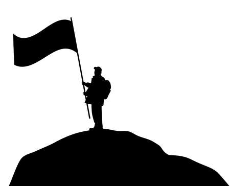 Illustration silhouette of a man waving a large flag on a mountain top. Achievement, success, leadership, goal, winning concept. Isolated white background. EPS file available.のイラスト素材