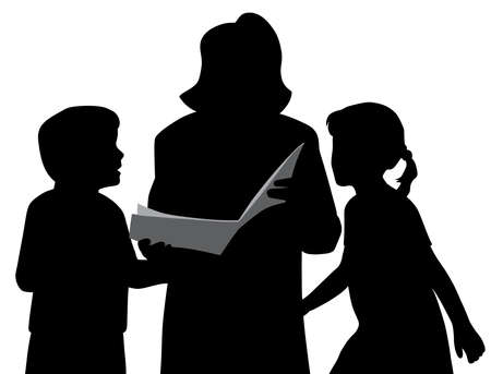 Mother or grandmother is reading a story fairy tale book to kidsのイラスト素材