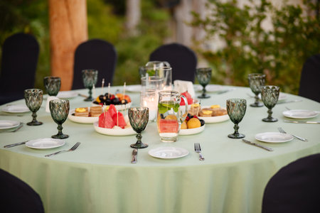 Beautifully arranged outdoor dining table with a soft green tablecloth, set with vintage-style goblets, plates, and cutlery. The table features a selection of fresh fruits, desserts, and a water pitcher with fruit infusions, creating a refreshing and inviting ambiance for a gathering or celebration.の写真素材