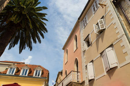Elements of old town houses in Montenegro. Country of Europe. Exotic green palm trees emphasize the...