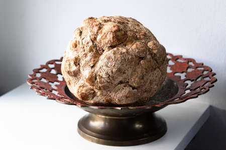 Whole celery root on a metal plate with an ornament in natural light.