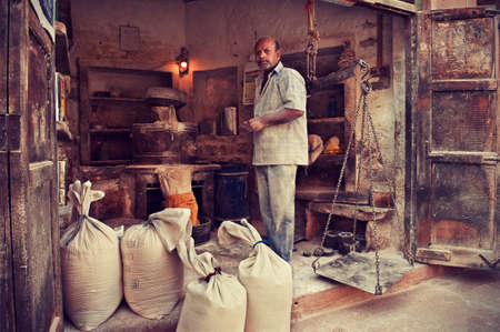 India, Rajastan.Dusty wheat flour merchantのeditorial素材
