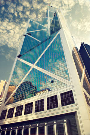 Hong Kong, China.  Reflection sky on the facade Hong Kong skyscraper.のeditorial素材