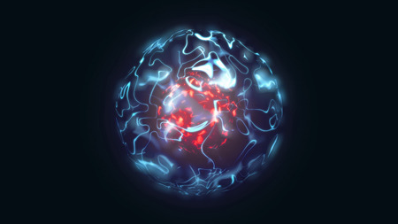 3d animation of abstract isolated red and blue magical orb. Burning sphere with plasma ring on black background. Magic and power concept object. Shiny colorful VFX design element in 4K.の写真素材