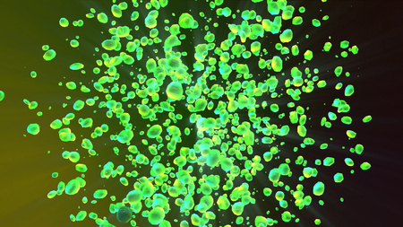 Abstract particle explosion. Green emerald gemstone shards flying. Nuclear science technology...