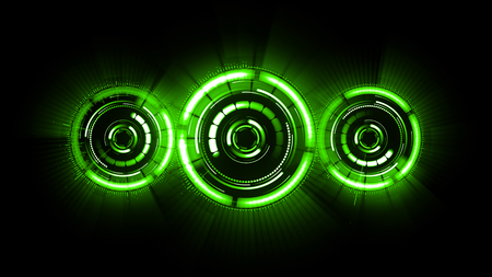 Three abstract futuristic motion graphic round mechanisms, grouped together, created from several different parts, locked together, that glow with green color.の写真素材