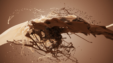 Milk and chocolate splash in slow motion. 3D illustration of white and brown liquid cream drops splash isolated on brown. 4K bright white and dark design elementの写真素材