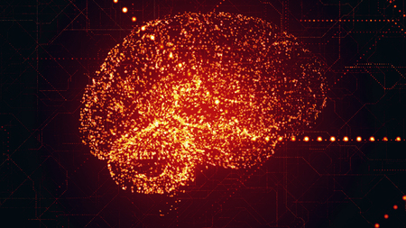 Digital Artificial Intelligence bright red brain appears in a particle of binary data scan in...