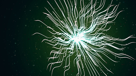 Abstract futuristic green particle explosion. Colorful streams appear from explosion shockwave. Spherical isolated multicolored 3D illustration of explosion with depth of field. 4Kの写真素材