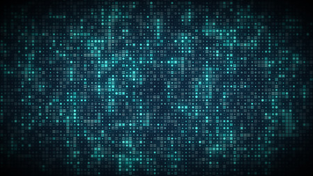 Bright glowing computer symbols appear on stream grid in futuristic big data information technology...