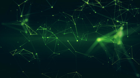 Abstract futuristic plexus 3D illustration of bright green surface with connecting dots. Neural mesh...