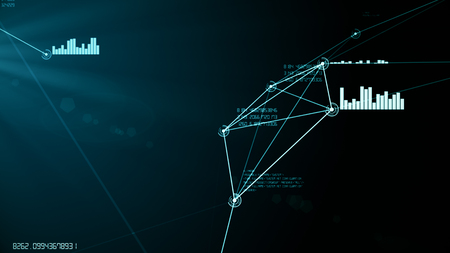 Futuristic abstract cyan network and data connection 3D illustration. Looping particle nodes move and connect. Technology, communication and social media concept.の写真素材