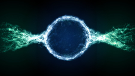 Abstract blue and green futuristic sci-fi plasma circular form. 3D illustration of shining energy force field light strokes waving on a ring motion path for logo or text. 4K Ultra HDの写真素材