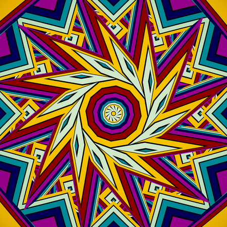 Colorful warm brown kaleidoscope 3D illustration. Beautiful bright mandala fractal ornament for yoga, clubs, shows. Zoom in geometric patterns with circles, rectangles design. 4K Squareの写真素材
