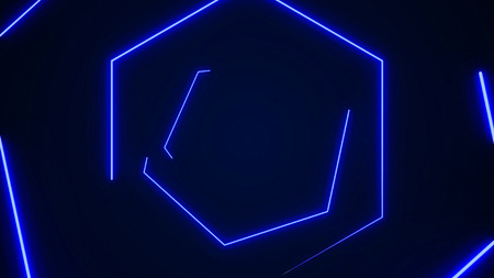 Futuristic HUD hexagon tunnel VJ background.  Neon motion graphics for LED, TV, music, show, concerts. Bright retro cosmic night club 3D illustration with data flow concept for speed and connectionの写真素材