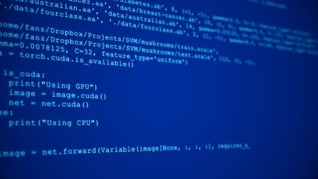 3D Hacking code data flow stream on blue. Computer screen with encrypted fast typing coding symbols....