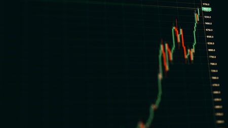 Bitcoin price rise on a candlestick chart. Crypto asset bull run to 9000 dollars in bullish uptrend. Blockchain, cryptocurrency adoption, e-commerce and finance in stock market concept 3D illustrationの写真素材