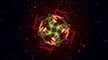 Abstract shining particle flower circle patterns 3D illustration. Vibrant fireworks light symmetric glowing patterns flow in waves. Colorful motion graphics overlay graphic VFX elementの写真素材