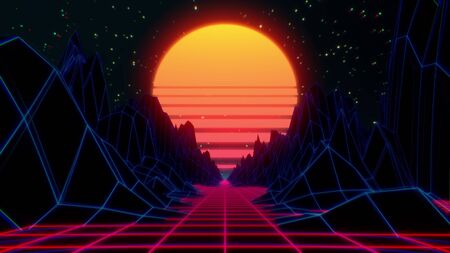 80s retro futuristic sci-fi background. Retrowave VJ videogame landscape with neon lights and low poly terrain. Stylized vintage cyberpunk 3D illustration with mountains, sun and glowing stars. 4Kの写真素材