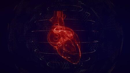 Anatomically correct red digital human heart. Futuristic particle cardiac computer tomography scan 3D render. MRI future, disease treatment, healthcare and medical concept in 4kの写真素材