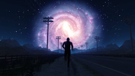 Close up follow shot of man running to the horizon. Stylized male silhouette on a deserted empty mountain road. 3D illustration for 80s music video VJ. Reaching goals and motion concept. 4kの写真素材