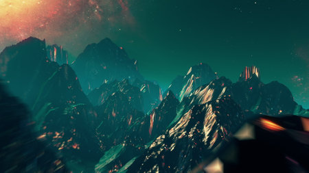 Futuristic mountain landscape flight seamless loop. Stylized VJ looping 3D animation with space and...