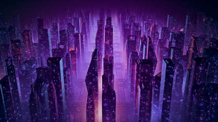 Futuristic night city flythrough. 80s retrowave 3D illustration of a retro cityscape with low poly skyscrapers and glowing neon lights. Mesmerizing cyberpunk and sci-fi vj background. 4kの写真素材