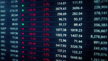 Financial stock market data tableau. Company and cryptocurrency tickers in bearish market 3D render....