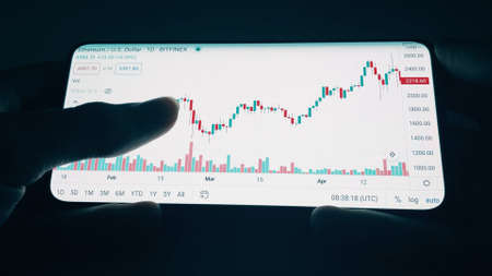 A trader investor analyzes candlestick charts of stocks, crypto currencies in a smartphone...