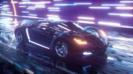 Supercar racing through glowing tunnel. Futuristic sports car high speed drive with glowing neon background. 3D render of technology, motion and future of transport concept. 4kの写真素材