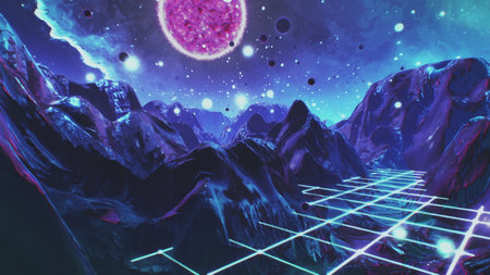 Futuristic flight through trippy landscape seamless loop. High quality 3D animation with mountains,...