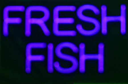 Fresh fish  neon sign at night in street photo.の写真素材