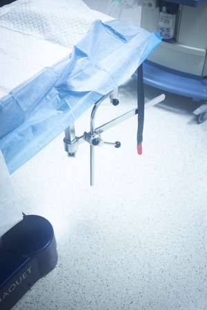 Traumatology orthopedic surgery hospital emergency operating room bed prepared for arthroscopy...