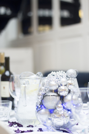 Wedding reception party dinner table cloth set for event.の写真素材