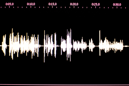 Audio studio digital voice recording voiceover sound wave on computer screen.