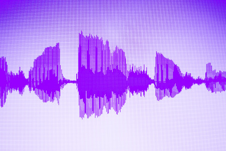 Audio studio digital voice recording voiceover sound wave on computer screen.
