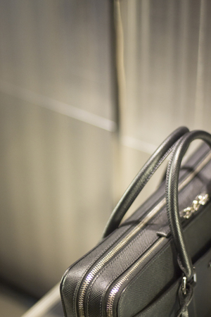 Store window man bag luxury leather briefcase photo.の写真素材