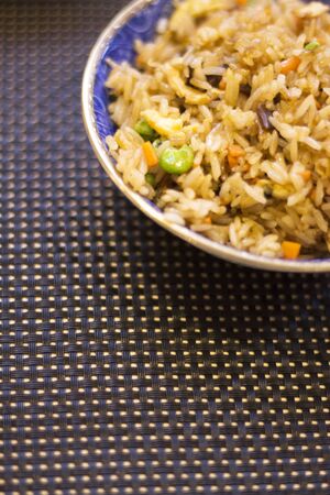 Japanese restaurant egg fried rice vegetables food dish photo.の写真素材