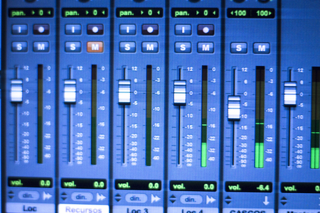 Professional sound recording audio studio digital equipment, amplifier, knobs and digital graphic...