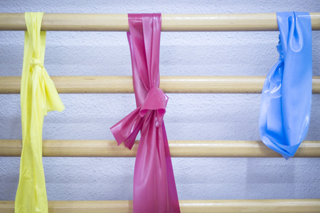 Elastic stretch bands in physical therapy equipment in physiotherapy center and medical clinic specialized in injury rehabilitation.の写真素材