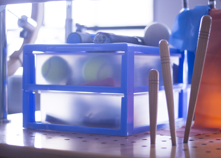 Physical therapy rehabilitation exercise equipment in hospital clinic for physiotherapy treatment for injuries to hand, wrist and fingers for patients.の写真素材
