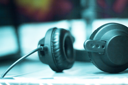 Professional sound recording audio studio closed headphones to monitor recording music, musical...