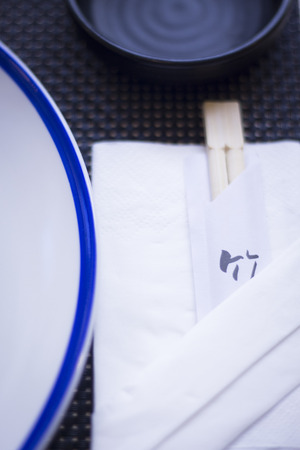 Asian chopsticks in Japanese restaurant to eat sushi and oriental cuisine.の写真素材